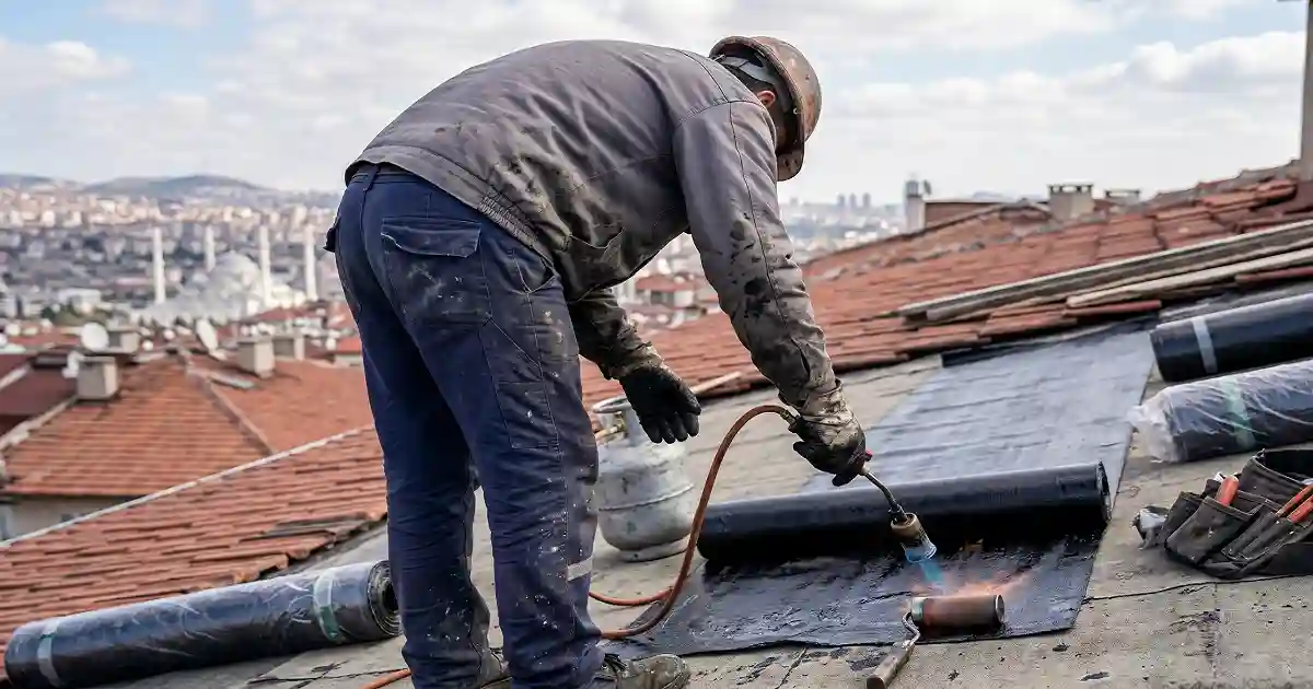 Ankara çatı ustası membran izolasyon uygulaması yaparken